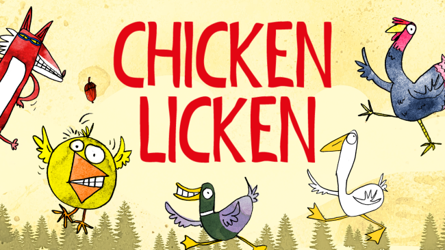 Illustrations of a chicken, drake, goose, turkey and fox in front of a yellow background with trees and leaves. Text: Chicken Licken. 