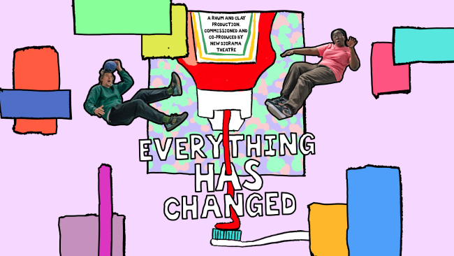 A lavender background with colourful blocks. An illustration of a ketchup bottle top and ketchup pouring out and images of two actors floating. Text: Everything Has Changed.