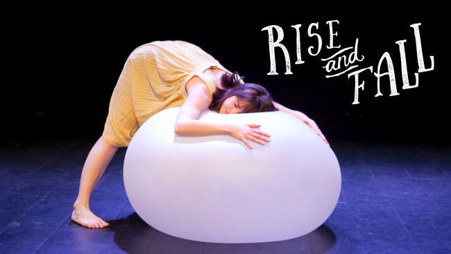 A photo of a woman with her head and hands on a large white balloon. Text: Rise and Fall