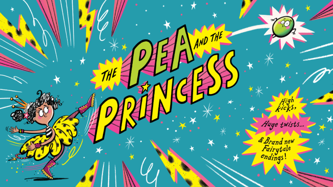 An illustration of a princess in a pink lace-up boots who has kicked a green pea across the page. Text: The PEA and the Princess.