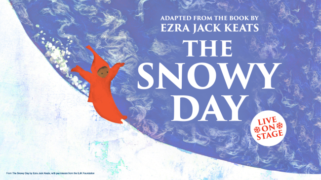 An illustration of a child in an orange snow suit sliding down a snowy bank. Text: Adapted from the book by Ezra Jack Keats, The Snowy Day.