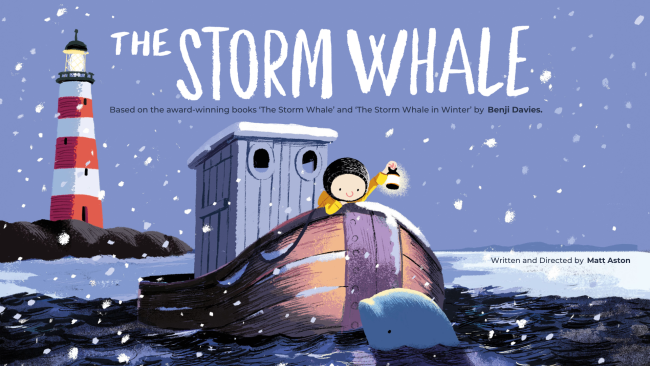 An illustration of a young boy in a yellow coat leaning over the front of a small boat to look at a whale. Text: The Storm Whale.