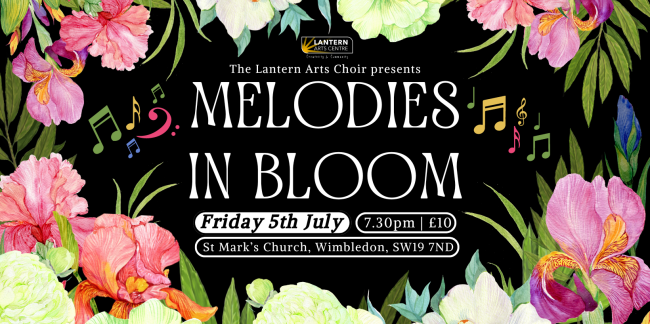 Concert poster with exotic flower borders on a black background with musical notes