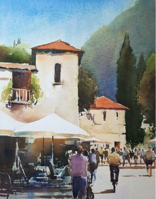 A watercolour painting by Brendan Smith of people strolling in Garda, Italy