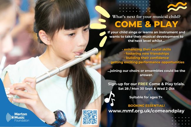 Photo of a girl playing the flute in a band with the text:  What's next for your musical child? Come & Play If your child sings or learns an instrument and wants to take their musical development to the next level whilsts... - enhancing their social skills - fostering new friendships - building their confidence - getting exciting performance opportunities  ...joining our choirs or ensembles could be the answer.  Sign-up for our FREE Come & Play trials. Sat 28 / Mon 30 Sept & Wed 2 Oct.  Booking Essential! w