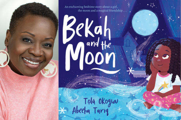 Tọlá Okogwu (short hair, a pink jumper and silver earrings) next to the artwork for Bekah and the Moon (a young girl looking wistfully up at the moon)