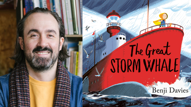 Benji Davies (chin length brown hair, a mustache and beard) next to the artwork for the book 'The Great Storm Whale' (a boy in a yellow coat standing at the front of a red boat)