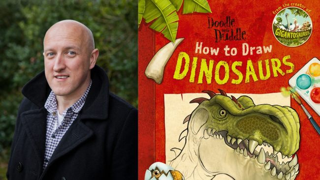 Jonny Duddle (a bald man in a black coat) next to the artwork for 'How to Draw Dinosaurs' (a half complete sketch of a dinosaur)