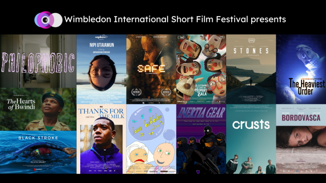 13 film posters are aligned in a rectangle against a black background. Across the top text reads Wimbledon International Short Film Festival Presents. From left to right the posters are 