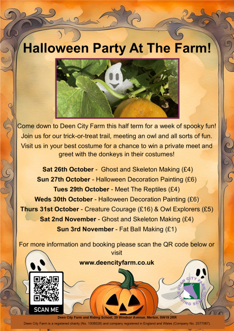 Come down to Deen City Farm this half term for a week of spooky fun! Join us for our trick-or-treat trail, meeting an owl and all sorts of fun. Visit us in your best costume for a chance to win a private meet and greet with the donkeys in their costumes!   Sat 26th October -  Ghost and Skeleton Making (£4) Sun 27th October - Halloween Decoration Painting (£6) Tues 29th October - Meet The Reptiles (£4) Weds 30th October - Halloween Decoration Painting (£6) Thurs 31st October - Creature Courage (£16) & Owl Ex