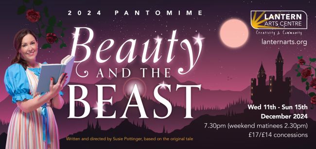 2024 Pantomime written by Susie Pottinger based on the original tale White shining writing saying Beauty and the Beast, on a background scene in purples and pinks, with a silhouette of a castle with the moon behind, hills and forest in the background, and stars in the sky. With climbing roses on either side of the image. Bottom left a photo of a woman with long brown hair smiling straight at us, wearing a blue short puffed sleeve dress with vertical stripes of white blue and orange on the main fabric of the