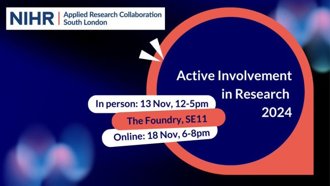 Text within a circle says Active Involvement in Research 2024. In person: The Foundry, Nov 13, 12-5pm, online: 18 Nov, 6-8pm